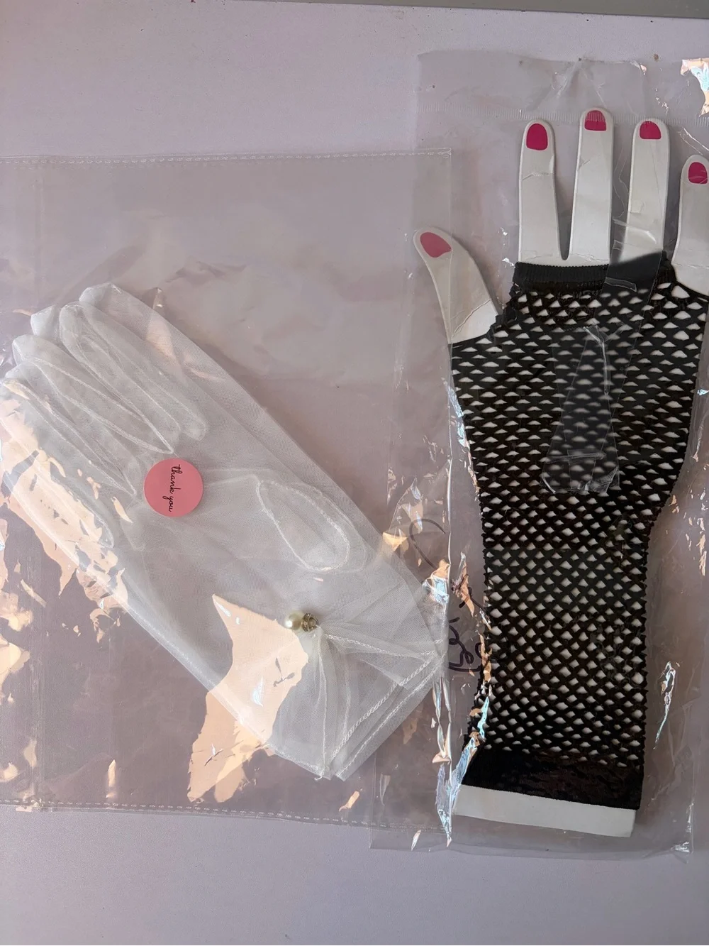 Women’s Sheer White Bridal Gloves and Black Fishnet Gloves Set
